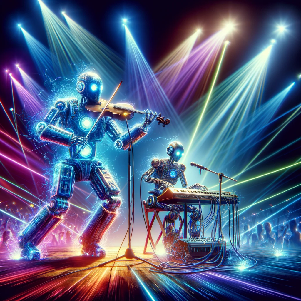 Image générée par l'IA Dall-E de robots jouant de la musique sur une scène électrisée