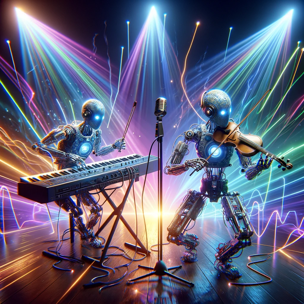 Image générée par l'IA Dall-E de robots jouant de la musique sur une scène électrisée
