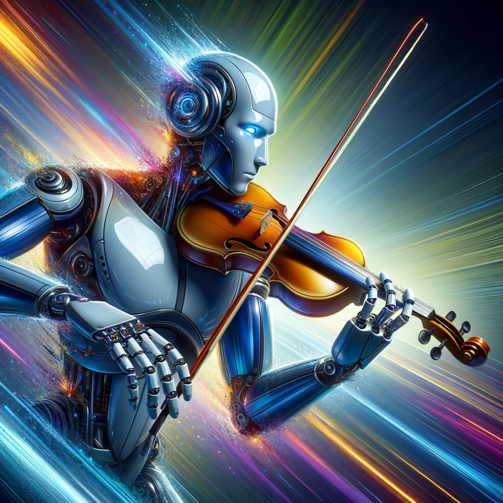 Image générée par l'IA Dall-E d'un robot violoniste jouant de la musique sur une scène électrisée