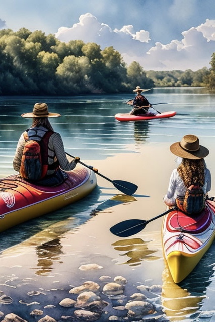 AI generated image of 3 kayakists on the bank of a wide river