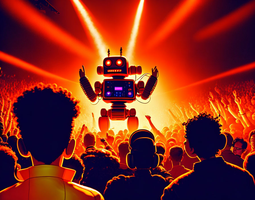 Huge DJ robot dancing in the middle of an ecstatic crowd of people in a comic style