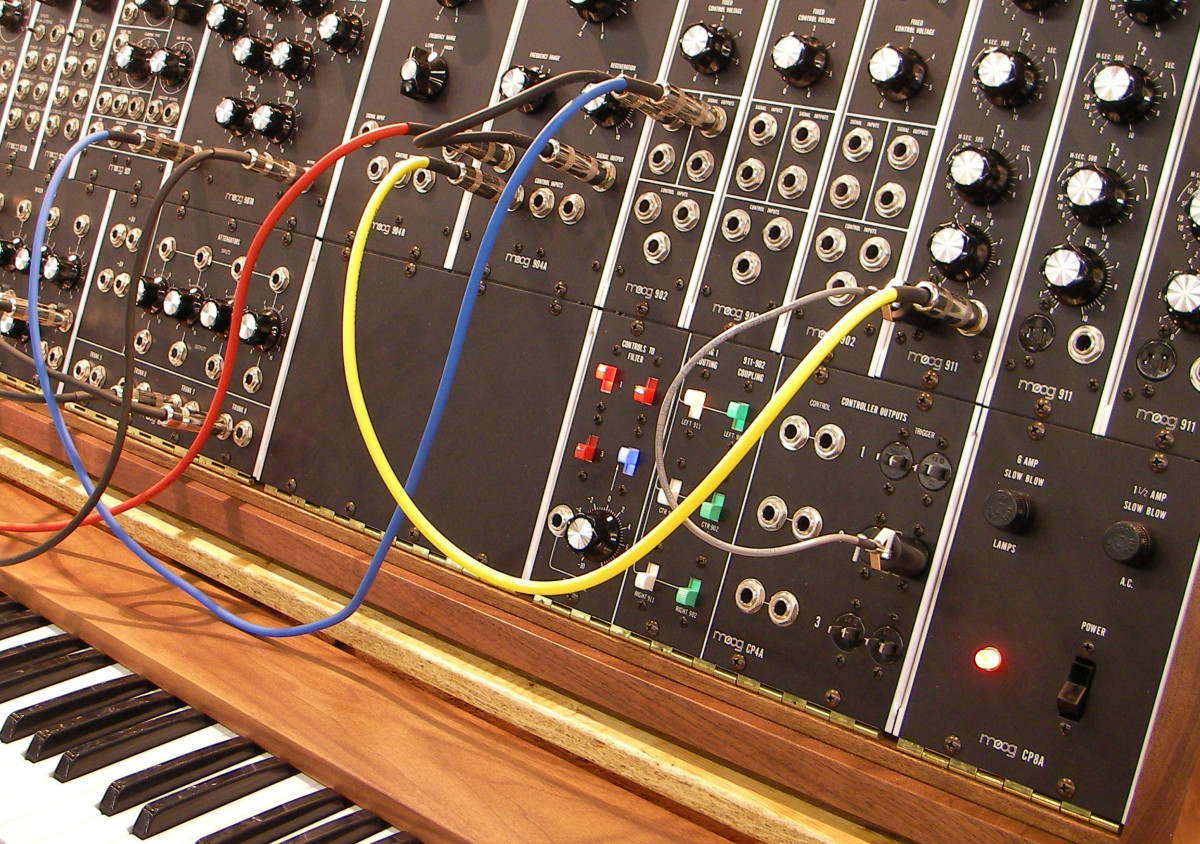 Close up view of the console of an analog MOOG synthesizer