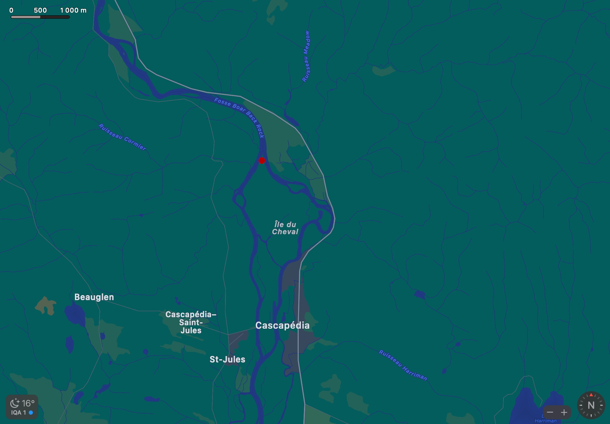 Screenshot of Ile-du-Cheval in Cascapedia-Saint-Jules (Gaspesie) in Apple Maps